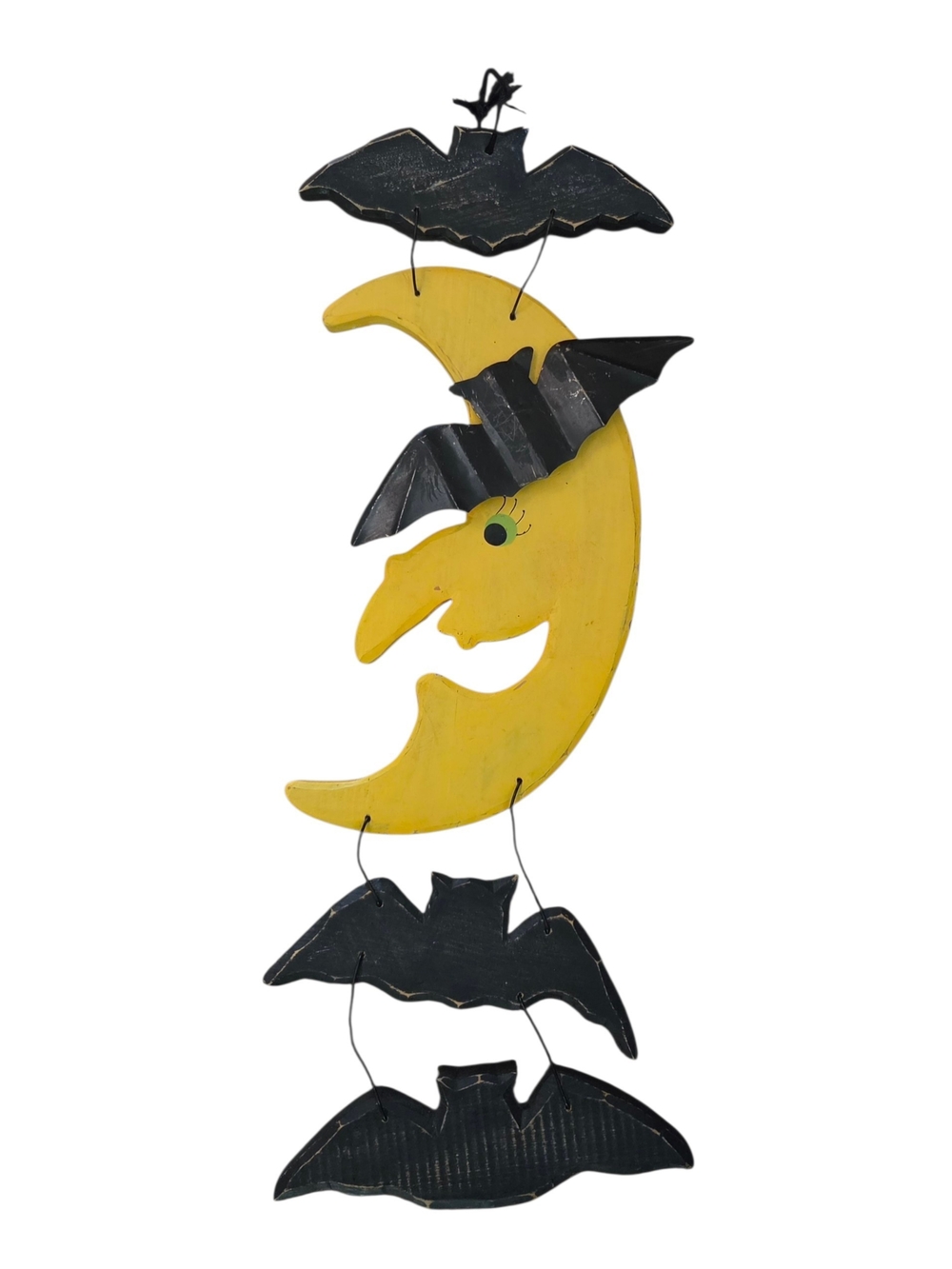 Halloween Whimsical Yellow Moon with Black Bats Vintage Hanging Décor